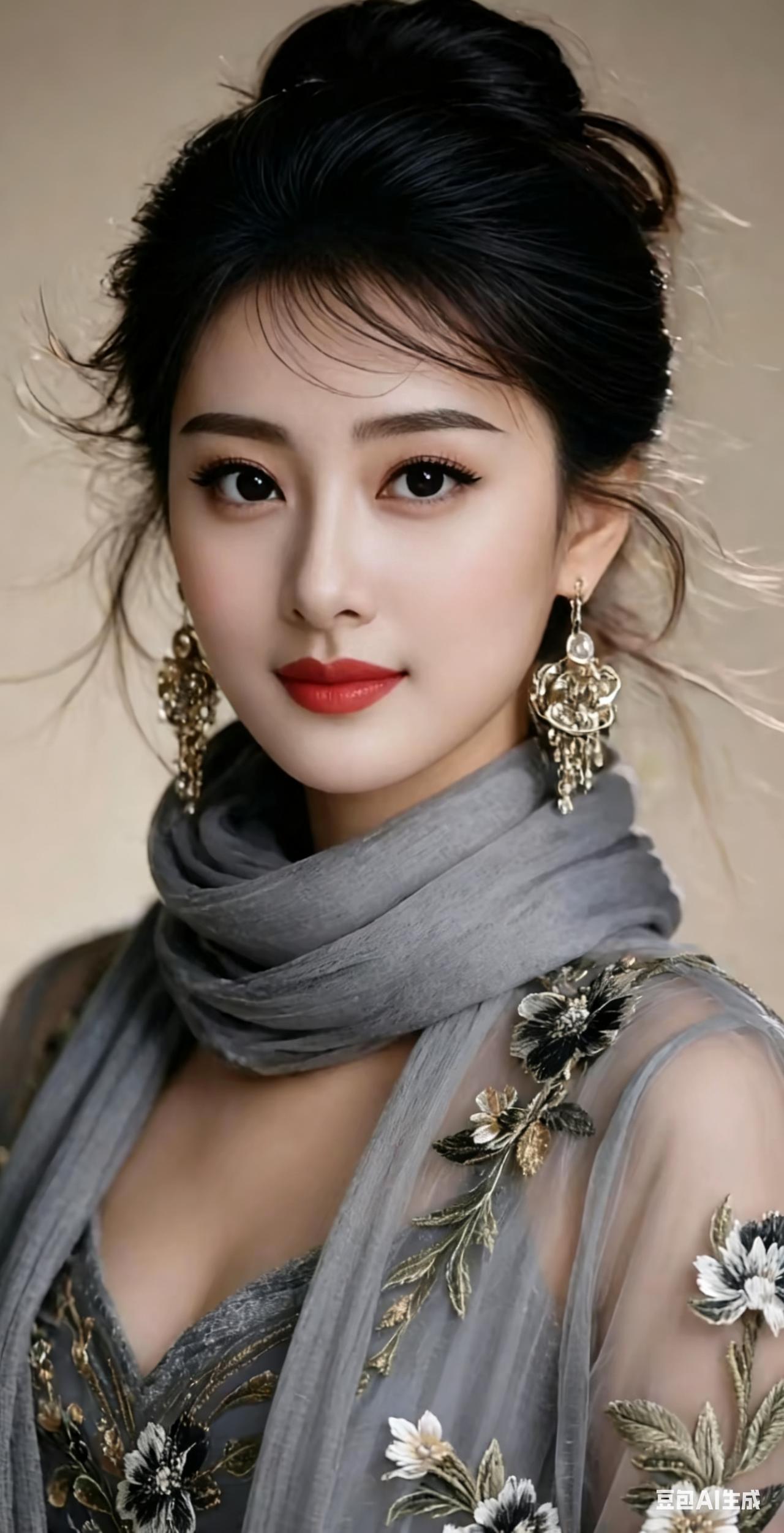 灰调华服配红唇，精致耳饰映眼眸，古典韵味藏不住，美得让人心动又惊艳。