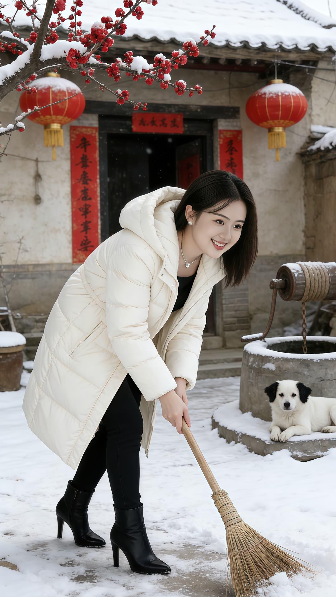 冬日暖阳下，笑靥如花，雪中扫帚，岁月静好。