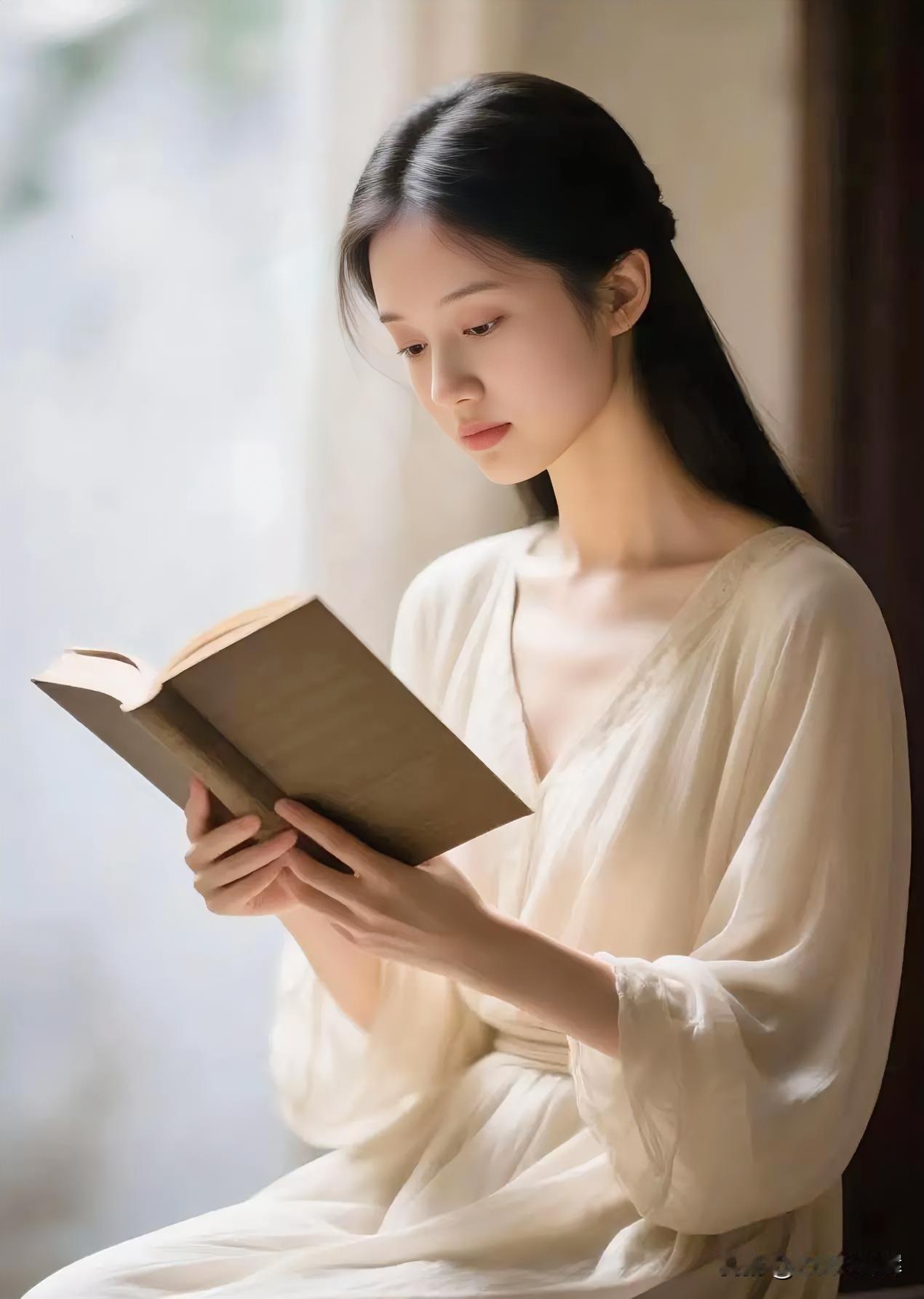 素衣倚窗，长发垂肩。

暖光吻过书页，指尖轻托墨香。

时光在字里行间静淌，心随