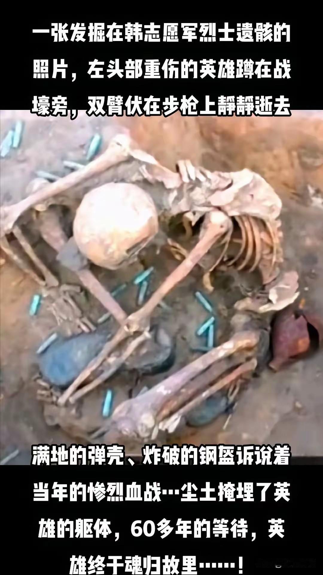 看到这张在韩志愿军遗骸照片，内心被深深的震撼，当年的志愿军该是多么的勇敢，多么的