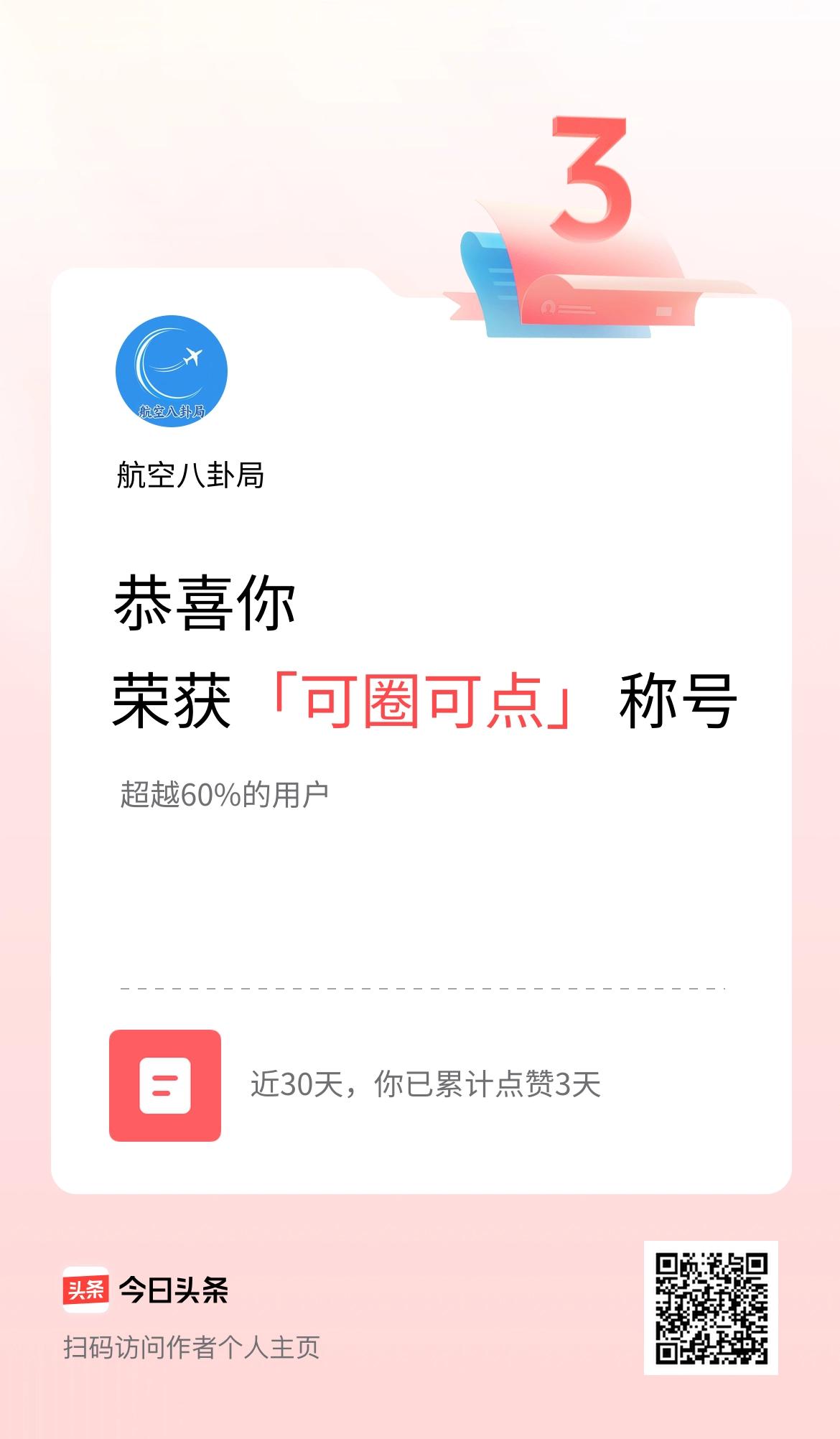 我在头条30天内点赞打卡3天，获得“可圈可点”称号