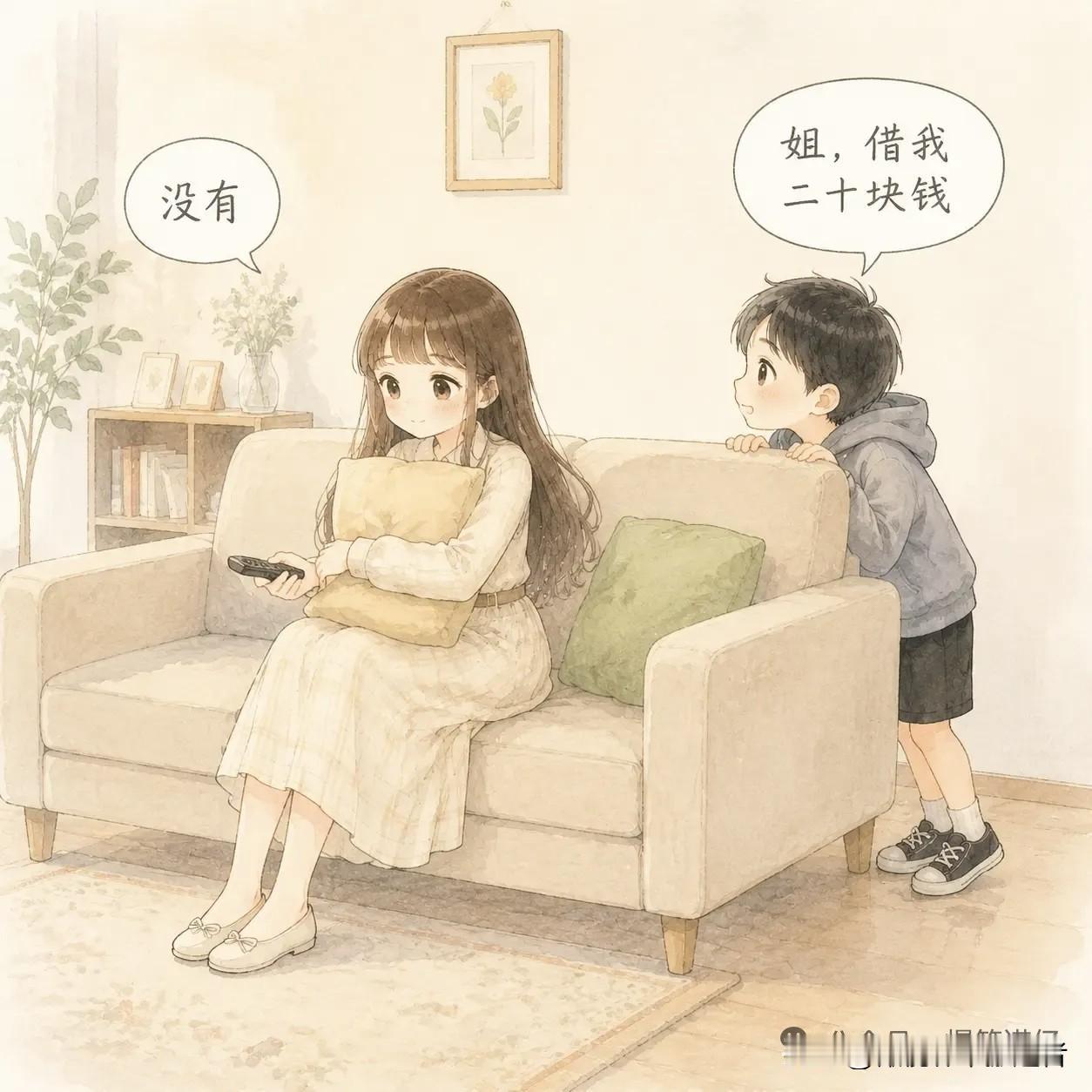 趣味漫画：姐在沙发上追剧，弟凑过来。弟：“姐，借我二十块钱。”姐：“没有。”弟：