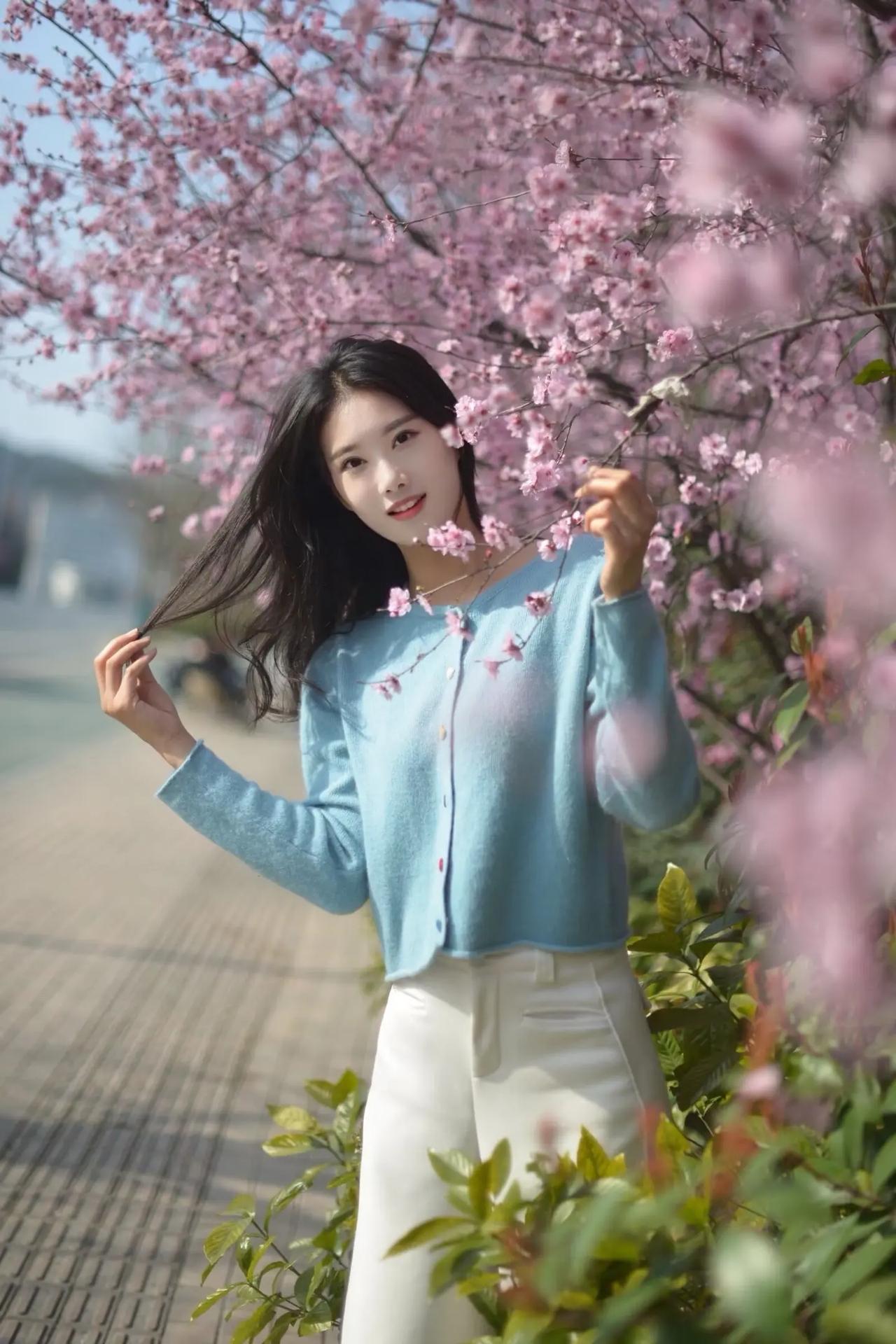 樱花树下，少女轻抚发丝，春意盎然