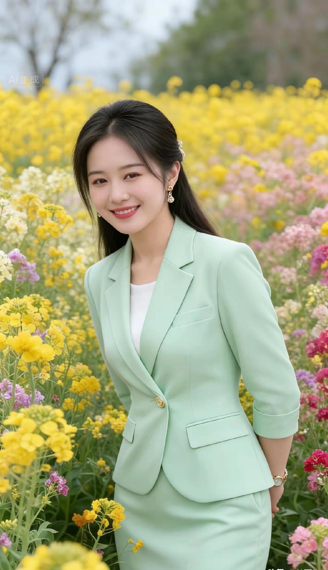 春日花海中的清新女神，浅绿色西装外套搭配白色内搭，温柔微笑，自然动人。🌸🌼?