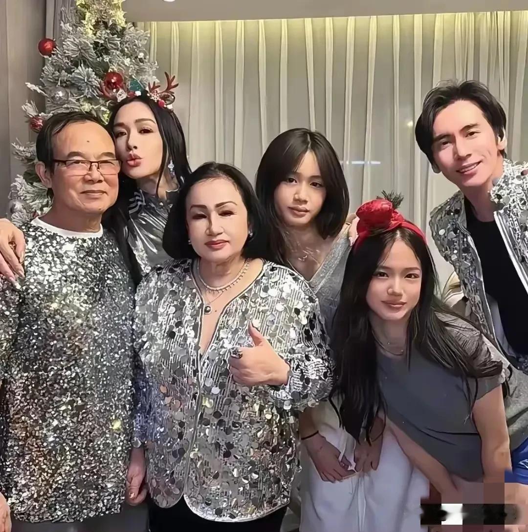 钟丽缇一家开心过圣诞节，
全家穿统一的银色服装，
钟丽缇收到了老公送的两个名牌包