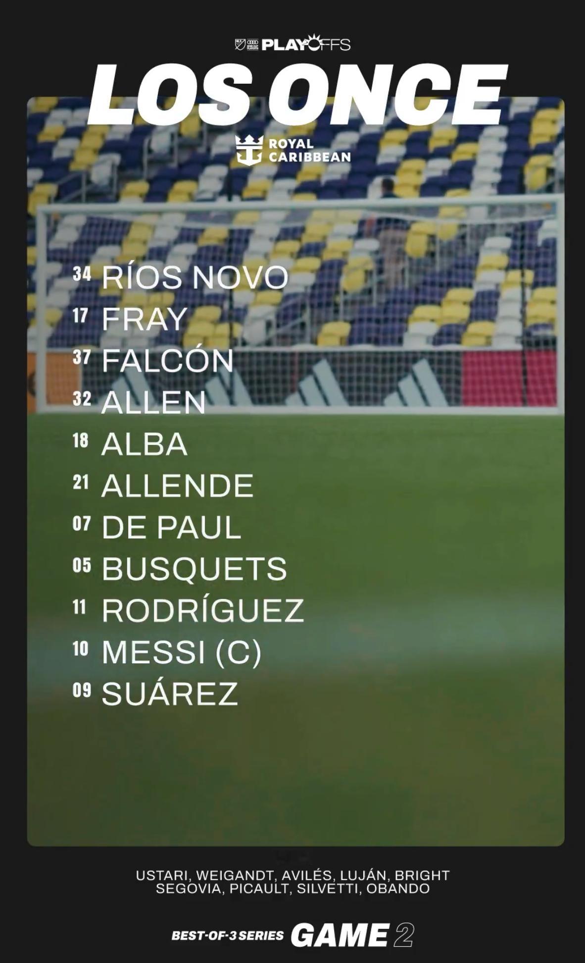 迈阿密国际首发阵容：里奥斯·诺沃；伊恩·弗雷、法尔孔、诺亚·艾伦、阿尔巴；布斯克