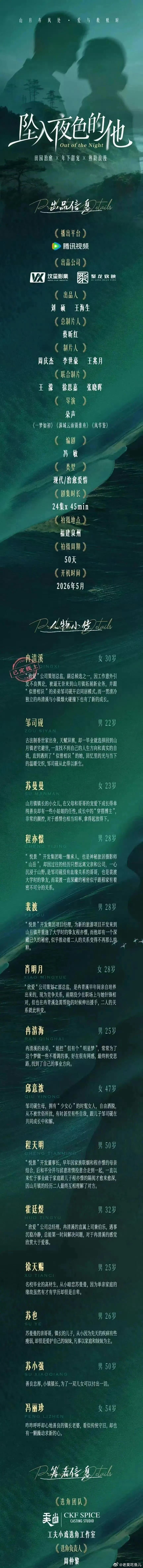 长剧《坠入夜色的他》主演：吴佳怡、吴添豪、倪虹洁、曹曦月 