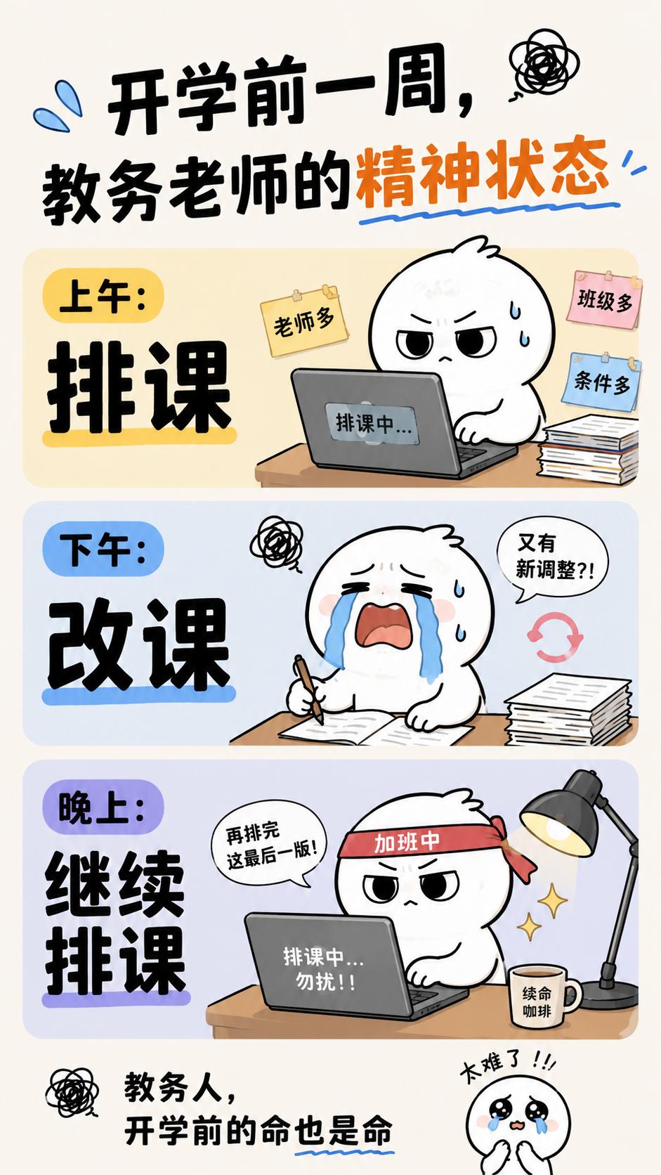 学校搞听课周，领导要挨个进班听。
要求很烦：空堂得错开，不能俩班同时没老师；还得