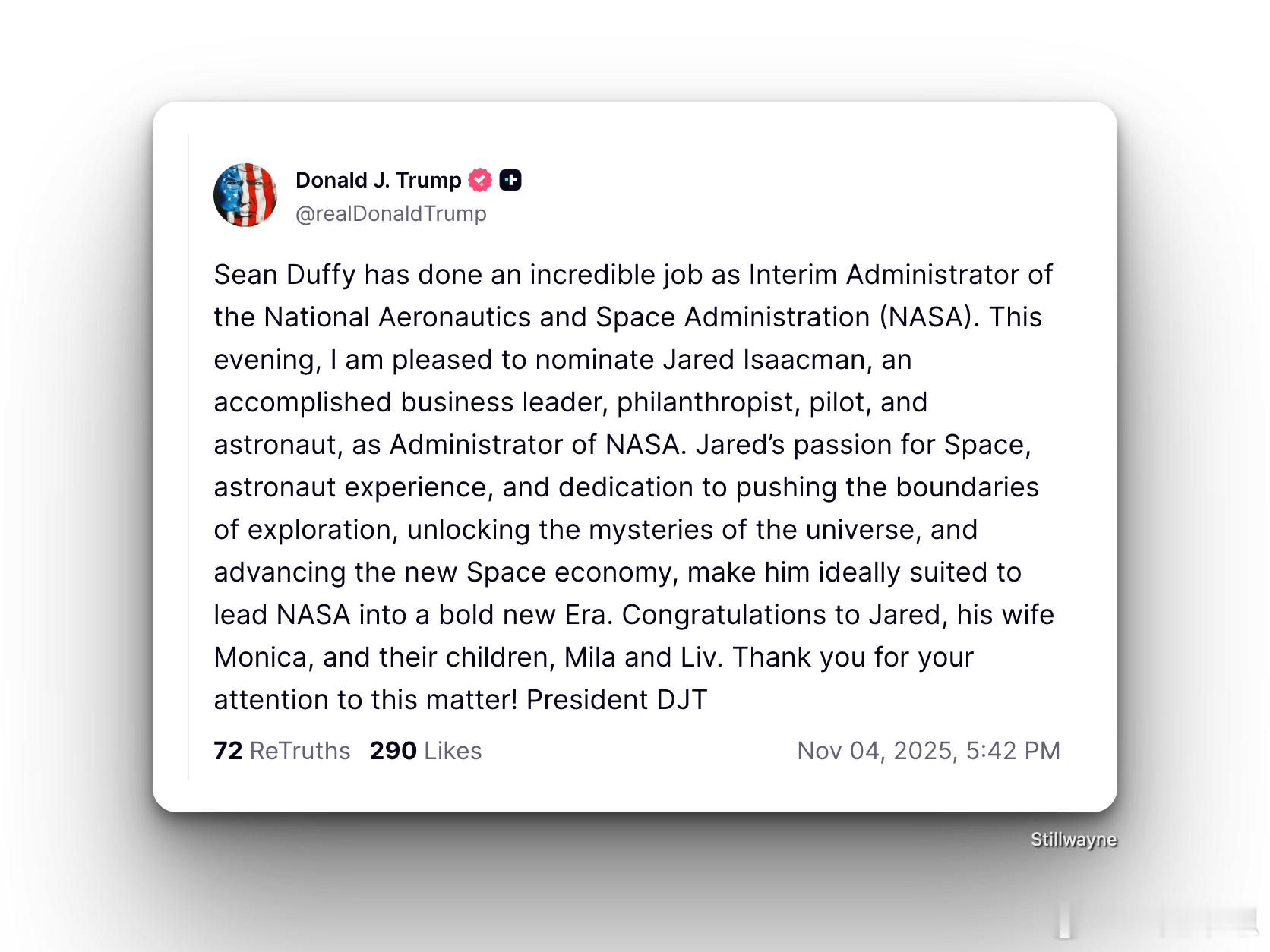 特朗普再次提名艾萨克曼担任美国航空航天局（NASA）局长在特朗普上任初期曾经提名