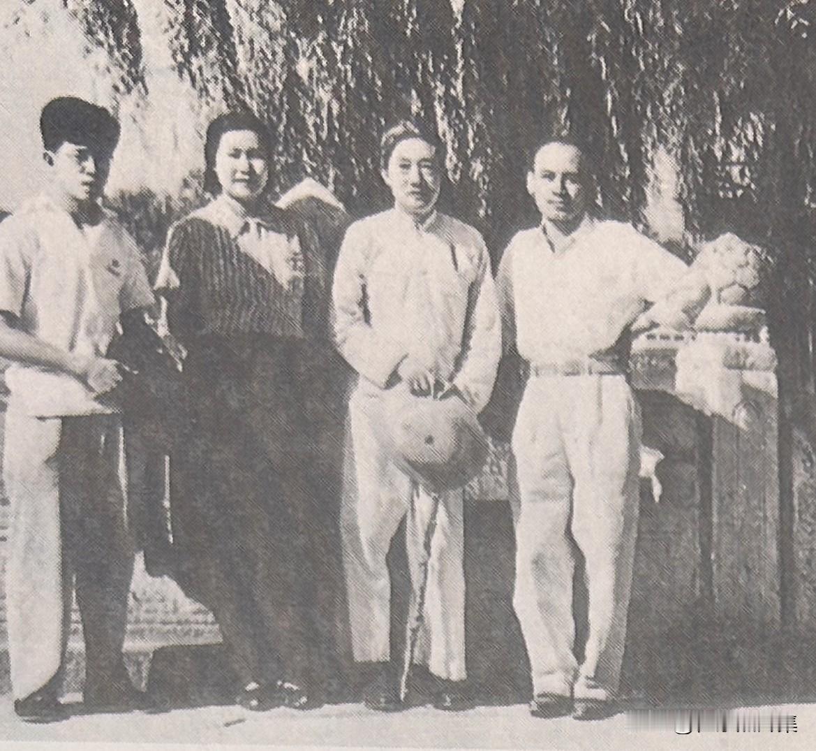 1953年初夏，徐悲鸿、廖静文与罗铭、骆觉民来到北京北海公园散心，并合影纪念。罗