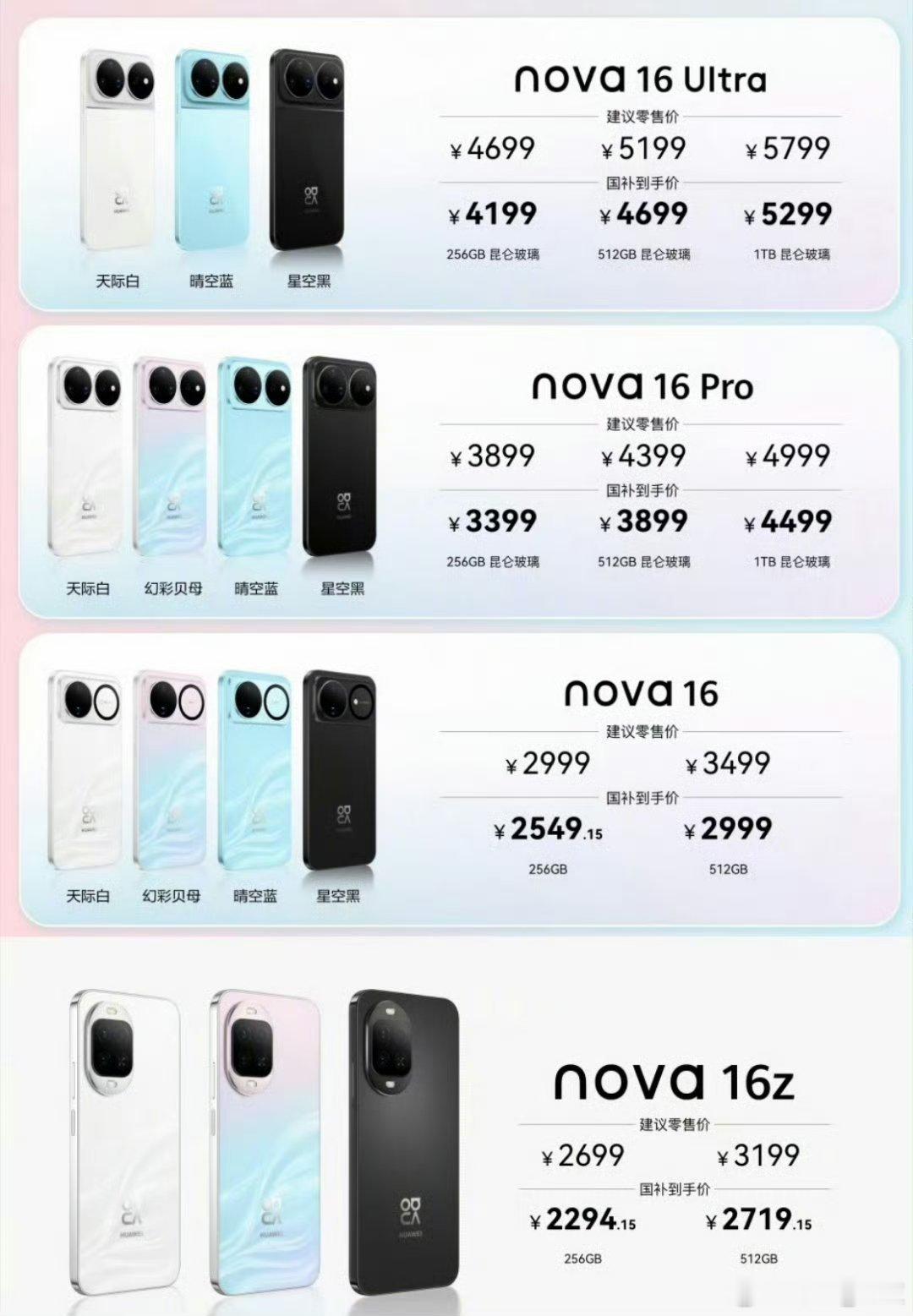 华为nova16 系列的价格nova 16：2999元起nova 16 Pro：