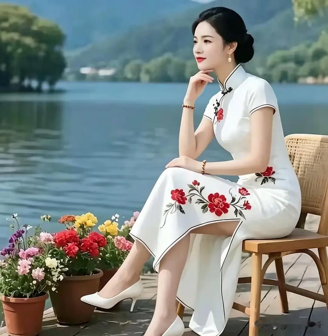 湖畔花丛中，优雅的旗袍女子沉思旗袍风景写真 旗袍风景