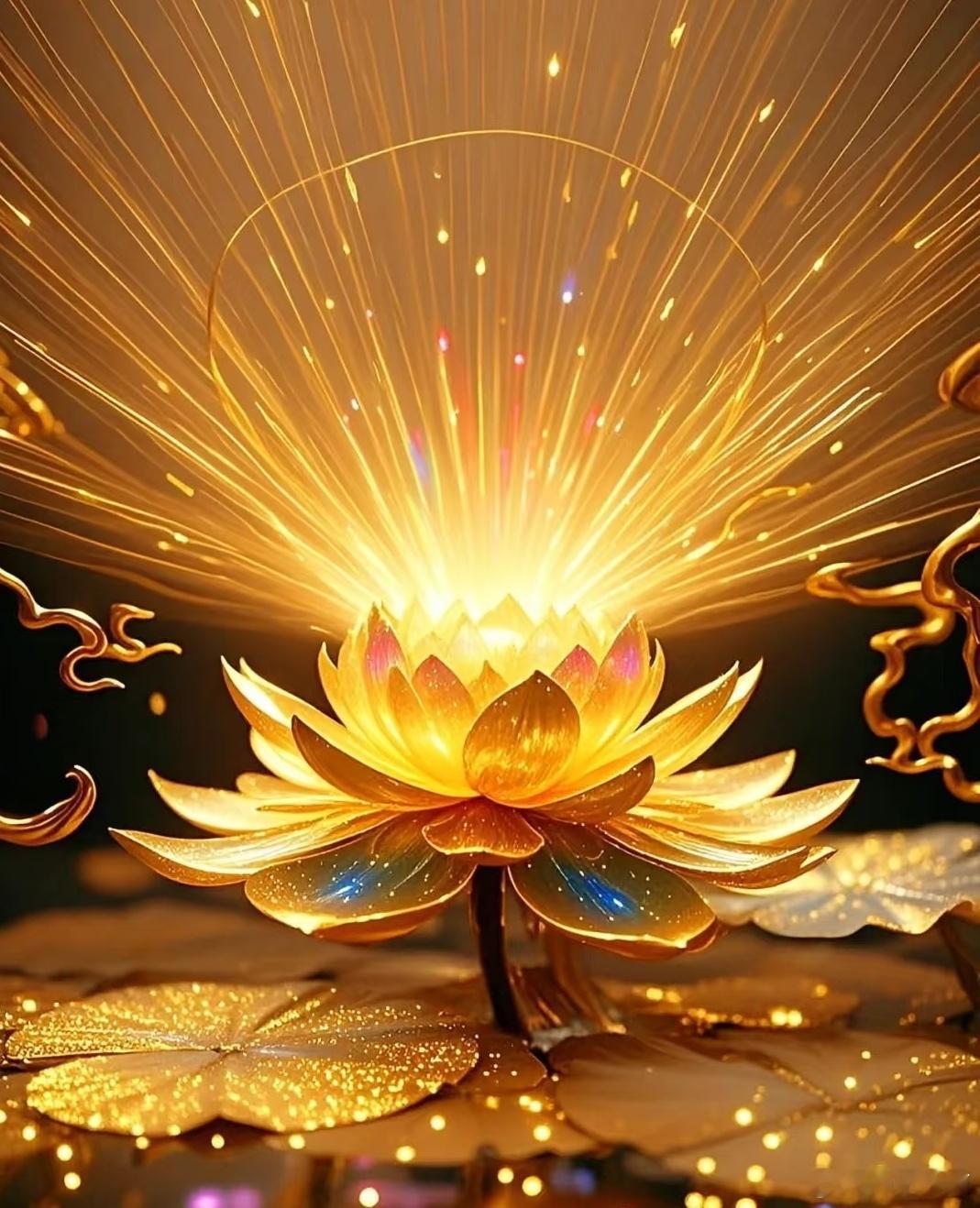 金莲盛开，散发着光芒，这些光芒可以驱散阴霾，赶走霉运，然后再进来好的能量。点赞，