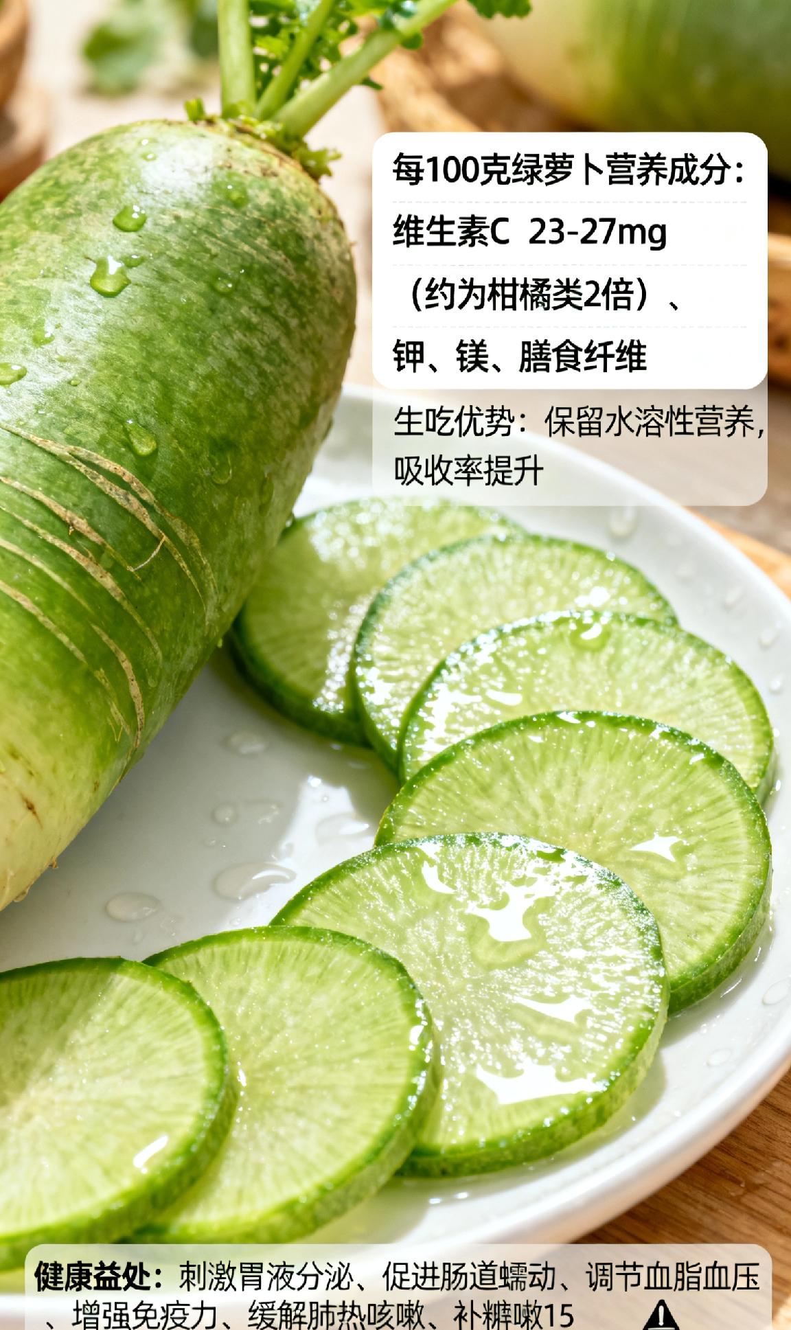 绿萝卜含有的异硫氰酸酯、花青素等活性物质，可激活机体抗氧化通路，增强免疫力，对呼