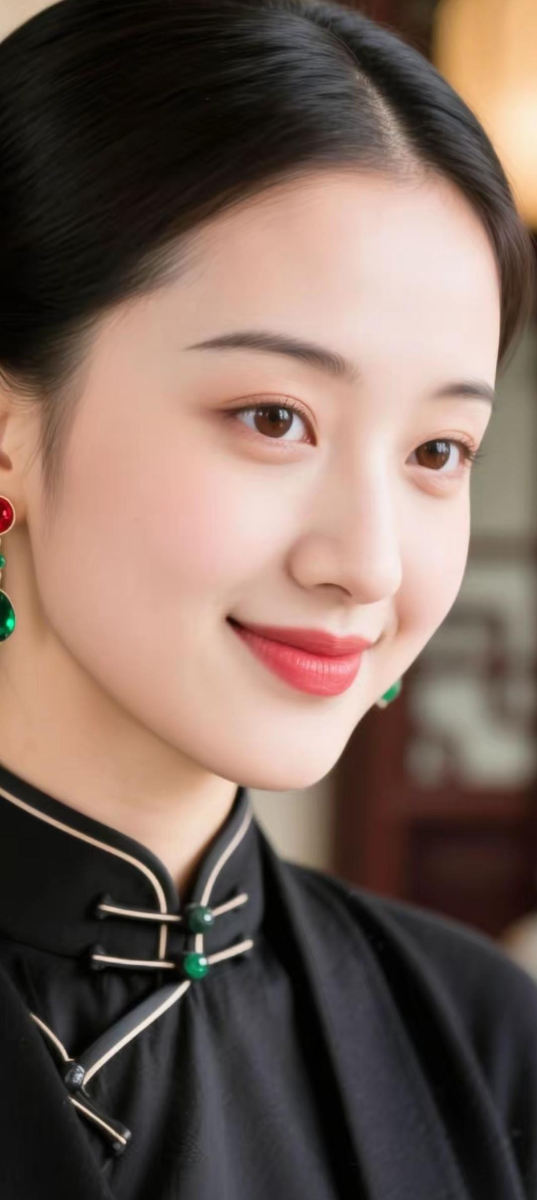 温婉典雅的东方美人，黑衣红唇，古典韵味十足。