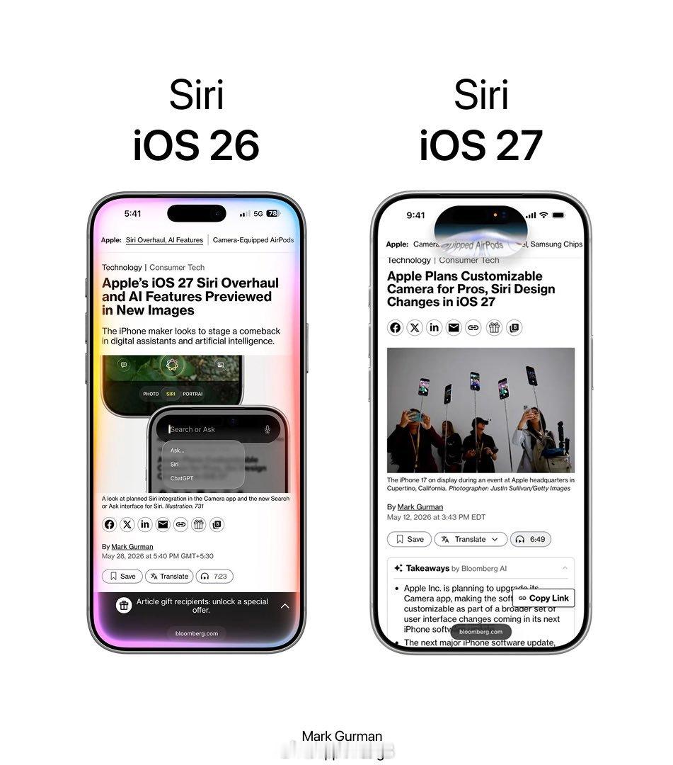 iOS 27 去除了呼叫 Siri 时的 RGB 灯效，整体风格变得更加极简，不