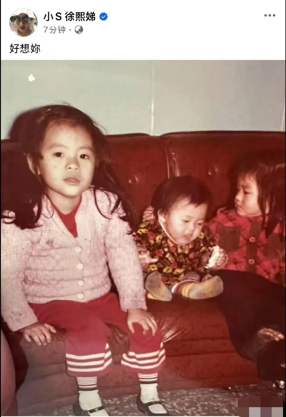 小S晒姐妹童年照：好想你大S

2月17日，小S在多个社交平台上晒出了三姐妹童年