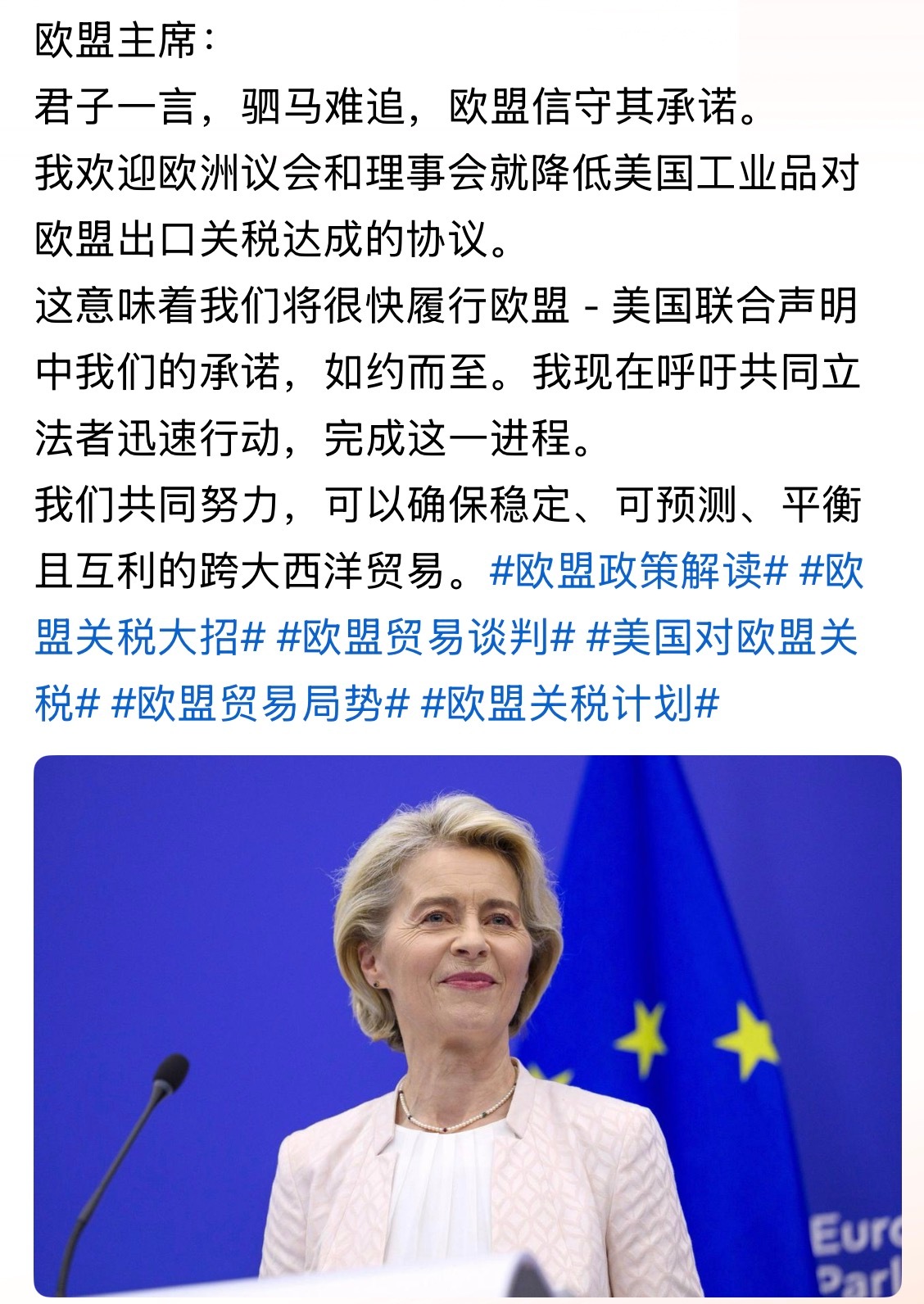 早说过人家内部问题肯定会解决的！欧盟正式敲定对美关税减免方案，欧洲议会与欧盟理事