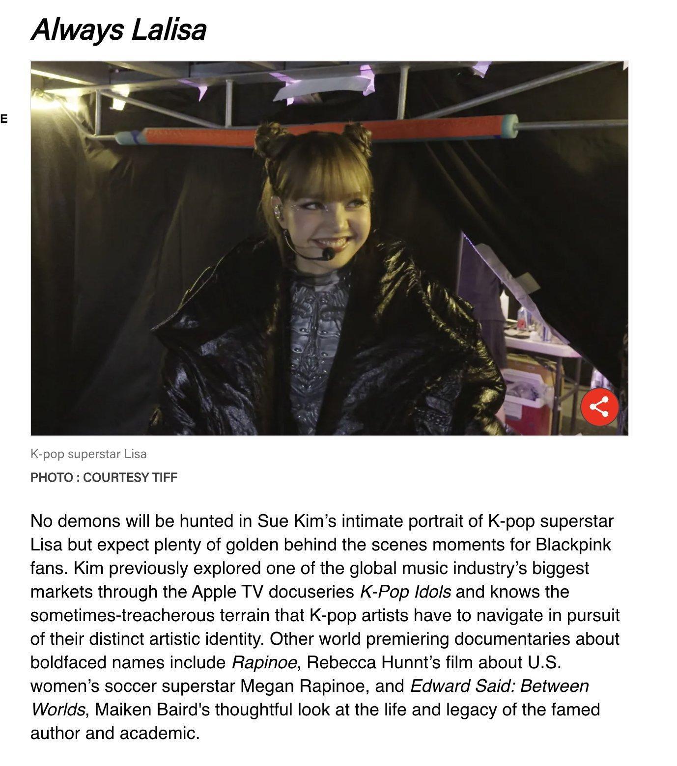 LISA ❤️ GoldDerby 将《Always Lalisa》评为 TIF