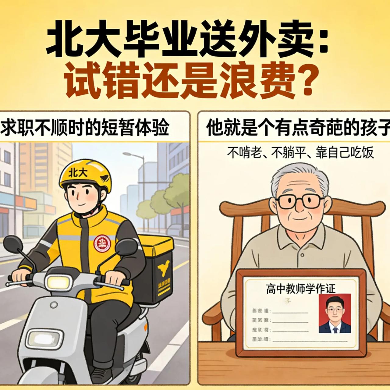 北大毕业送外卖，父亲一句话，让全网沉默
 
北大毕业的儿子去送外卖，网友吵翻了天