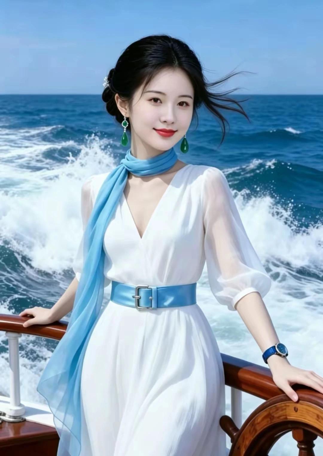碧海蓝天好风光，
佳丽漫步美景赏；
海风徐徐润心扉,
回归自然心情爽。