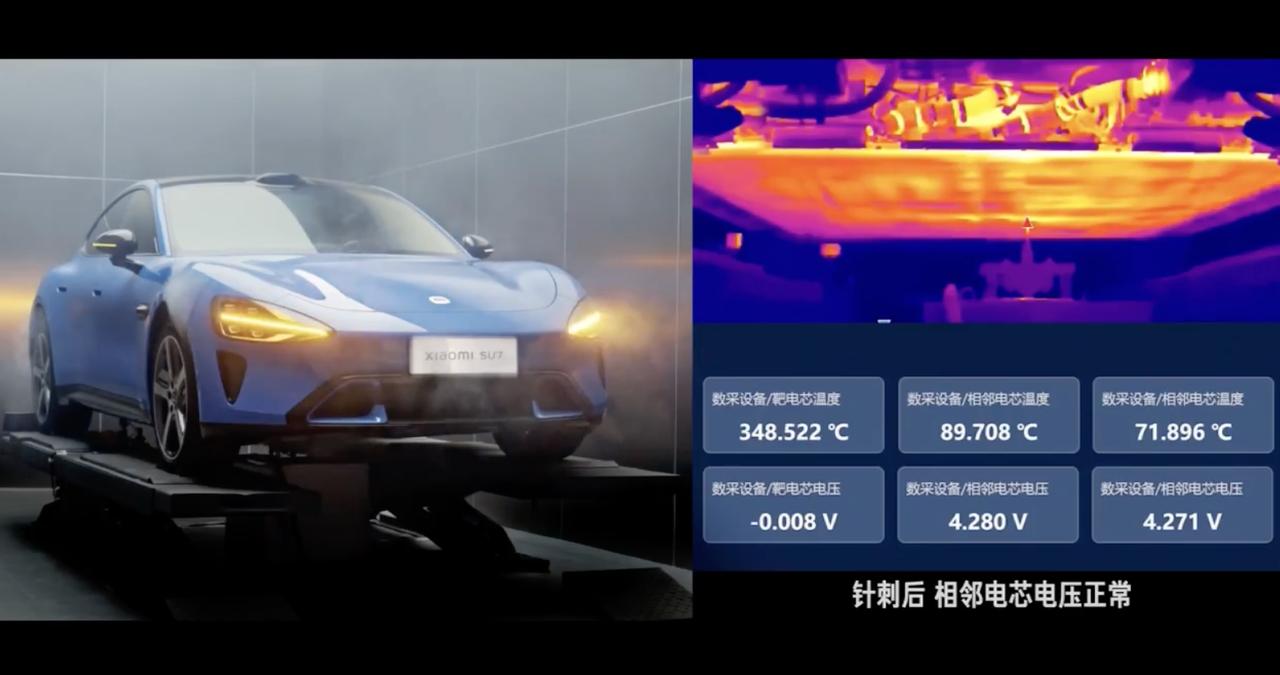 雷总这么实在，针刺实验直接用实车。针刺之后不起火，还是三元锂电池，满电，有点技术