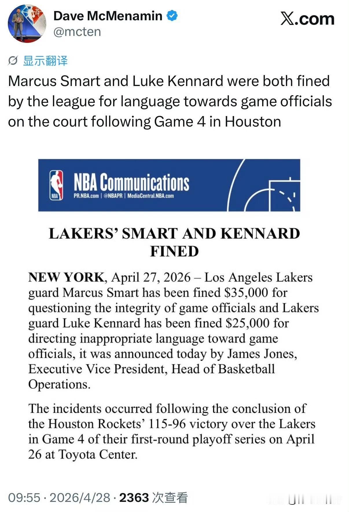 湖人罚单来了！！！斯玛特质疑裁判被罚款3.5万美元！

根据NBA官方消息，由于