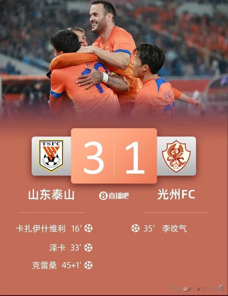 亚冠，山东泰山3-1光州FC，中超第5这么猛了，中超冠军不得直接起飞呀？

看了