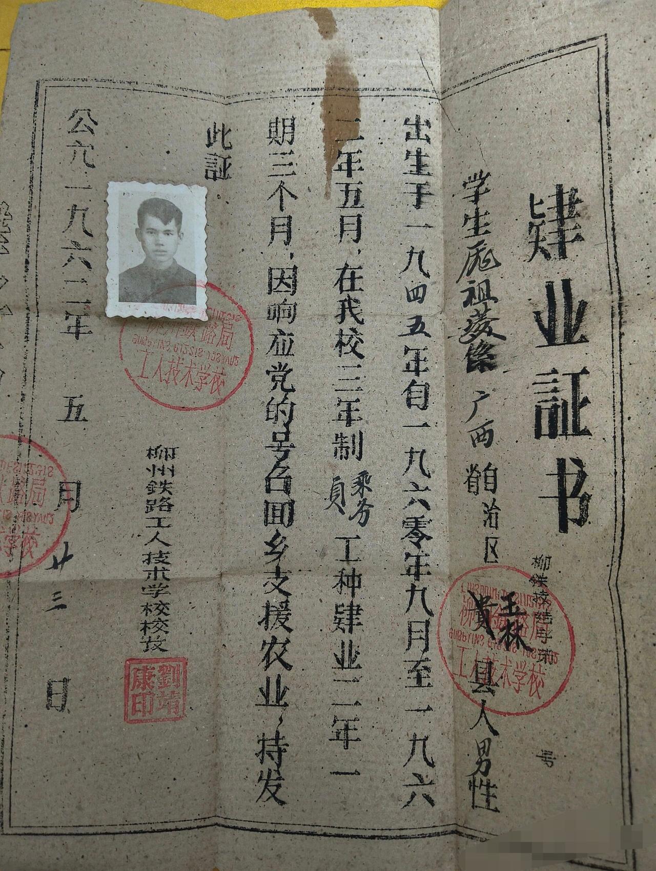 一张60年代非常珍贵的毕业证