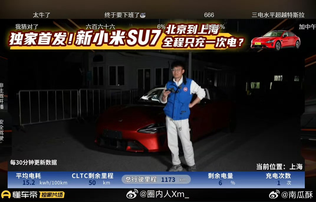 新 SU7 Pro，懂车帝直播从北京开到上海，行驶里程 1173km，全程只充一