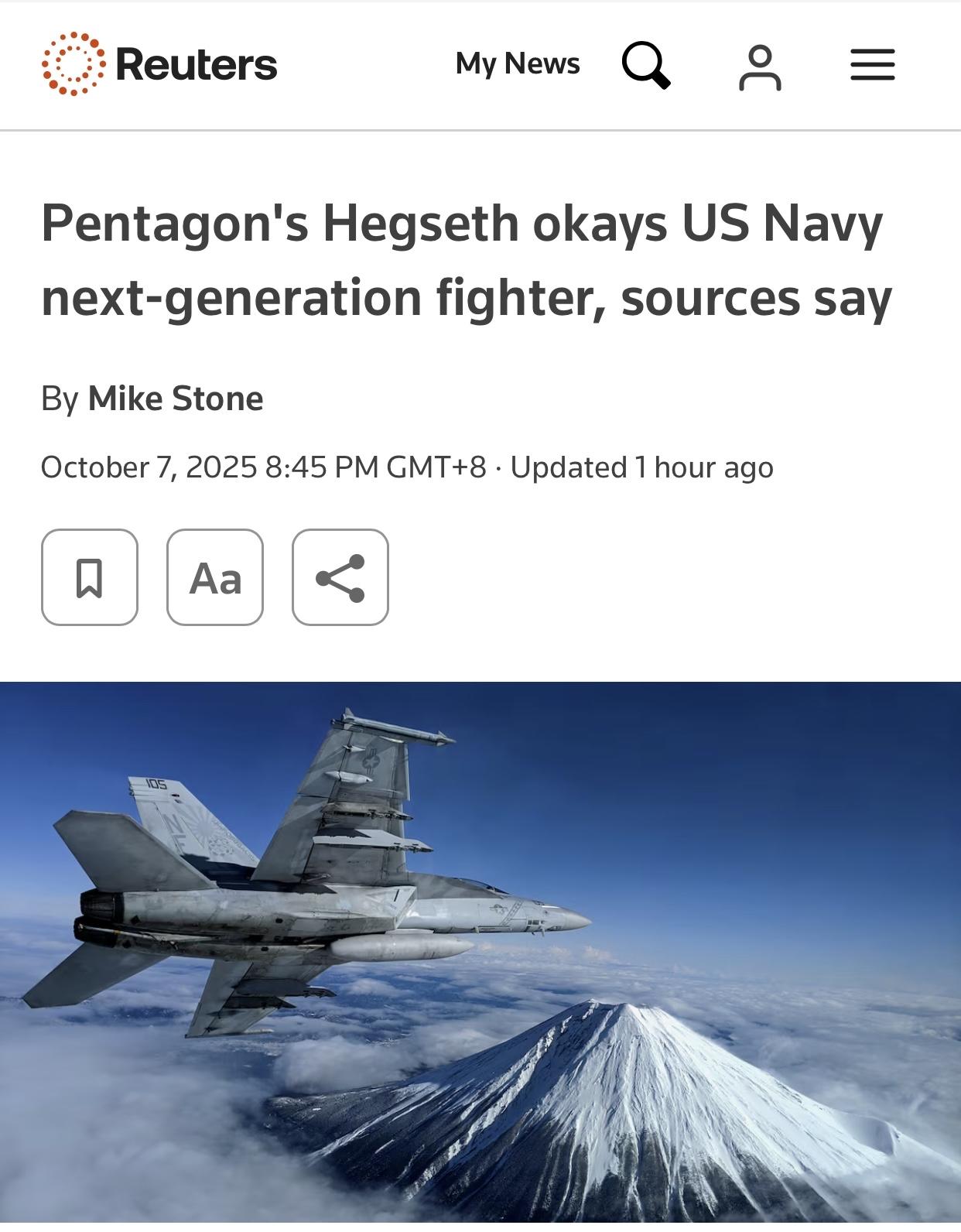 路透社：美国国防部长同意研发新一代舰载战机

路透华盛顿10月7日电 ：一名美国