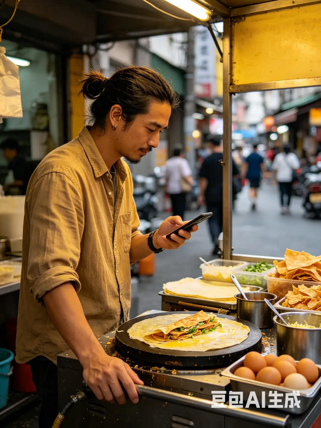 在一个旅游景点附近，我曾买了一个煎饼果子。
        卖煎饼果子的是个年轻