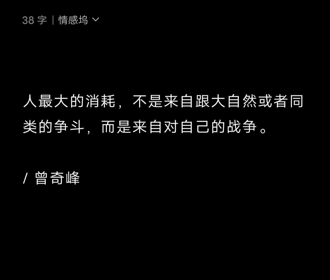 曾奇峰说过的一句话：人最大的消耗，不是来自跟大自然或者同类的争斗，而是来自对自己