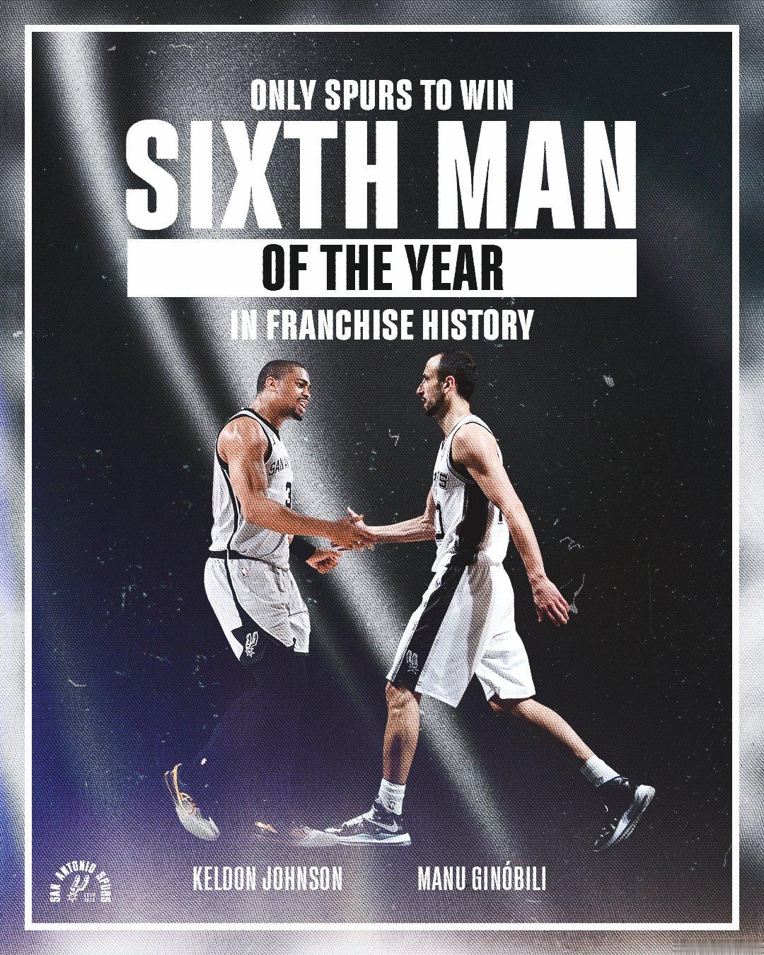 NBA官方宣布，马刺侧翼凯尔登-约翰逊当选年度最佳第六人。成为队史第二位赢得年度