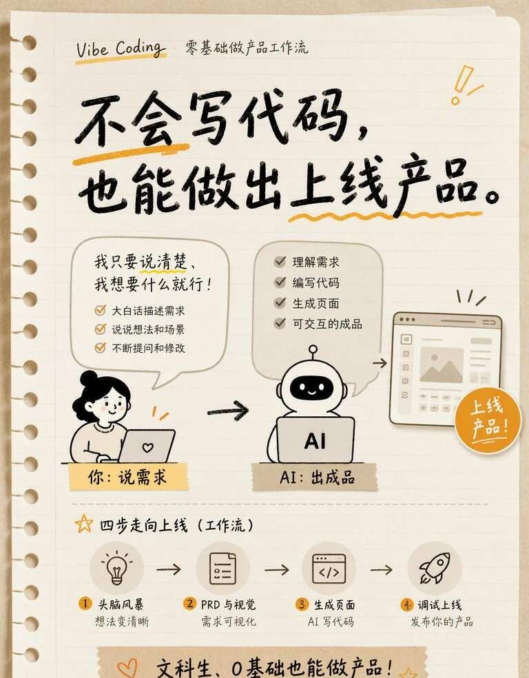 Vibe Coding 保姆级流程｜从 0 到 1 上线
没写过一行代码，文科生