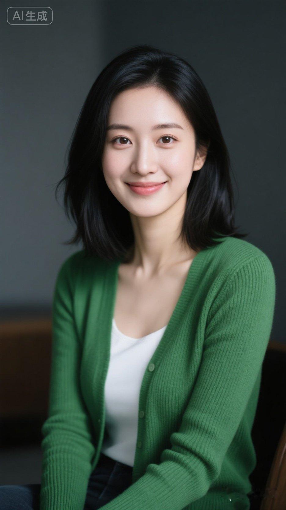 温柔微笑，绿色毛衣，清新自然，元气满满！🌿😊