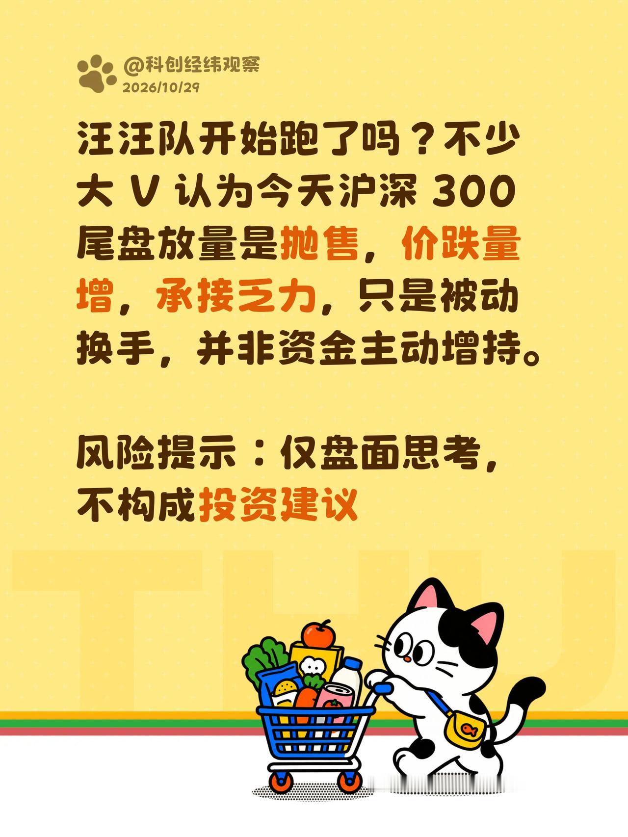 汪汪队开始跑了吗？不少大 V 认为今天沪深 300 尾盘放量是抛售，价跌量增，承