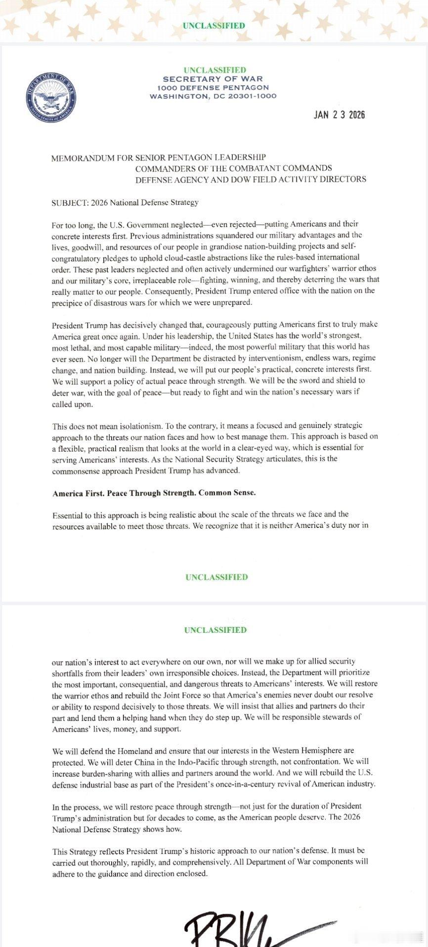 美发布国防战略报告来源：（美官网）公开信息 