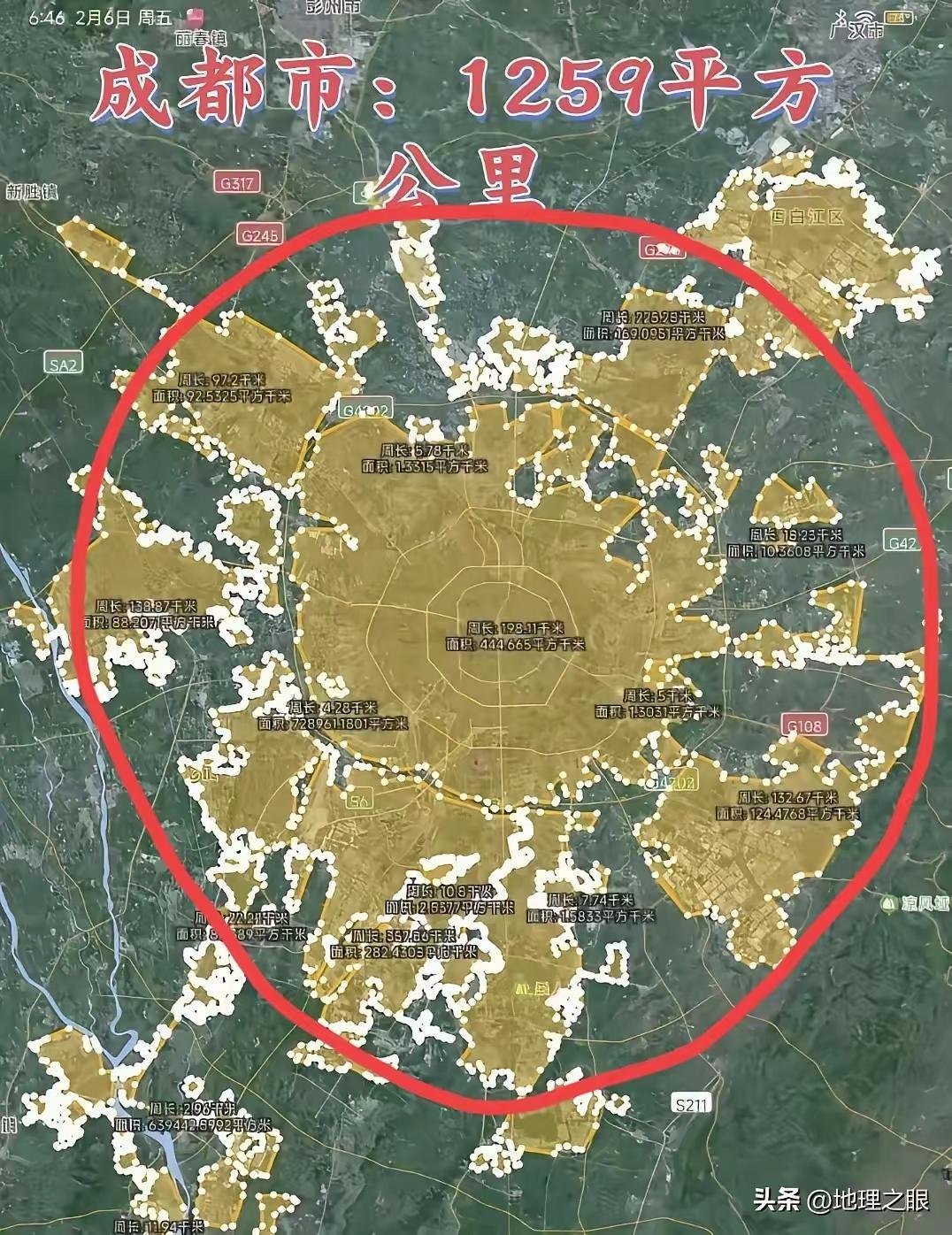 成都现在都1200平方公里了，如果圆圈里的全部填满不得有1500平方公里？