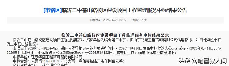 江苏华盛中标临沂二中苍山路校区项目监理

今天，临沂市公共资源交易网站发布临沂二