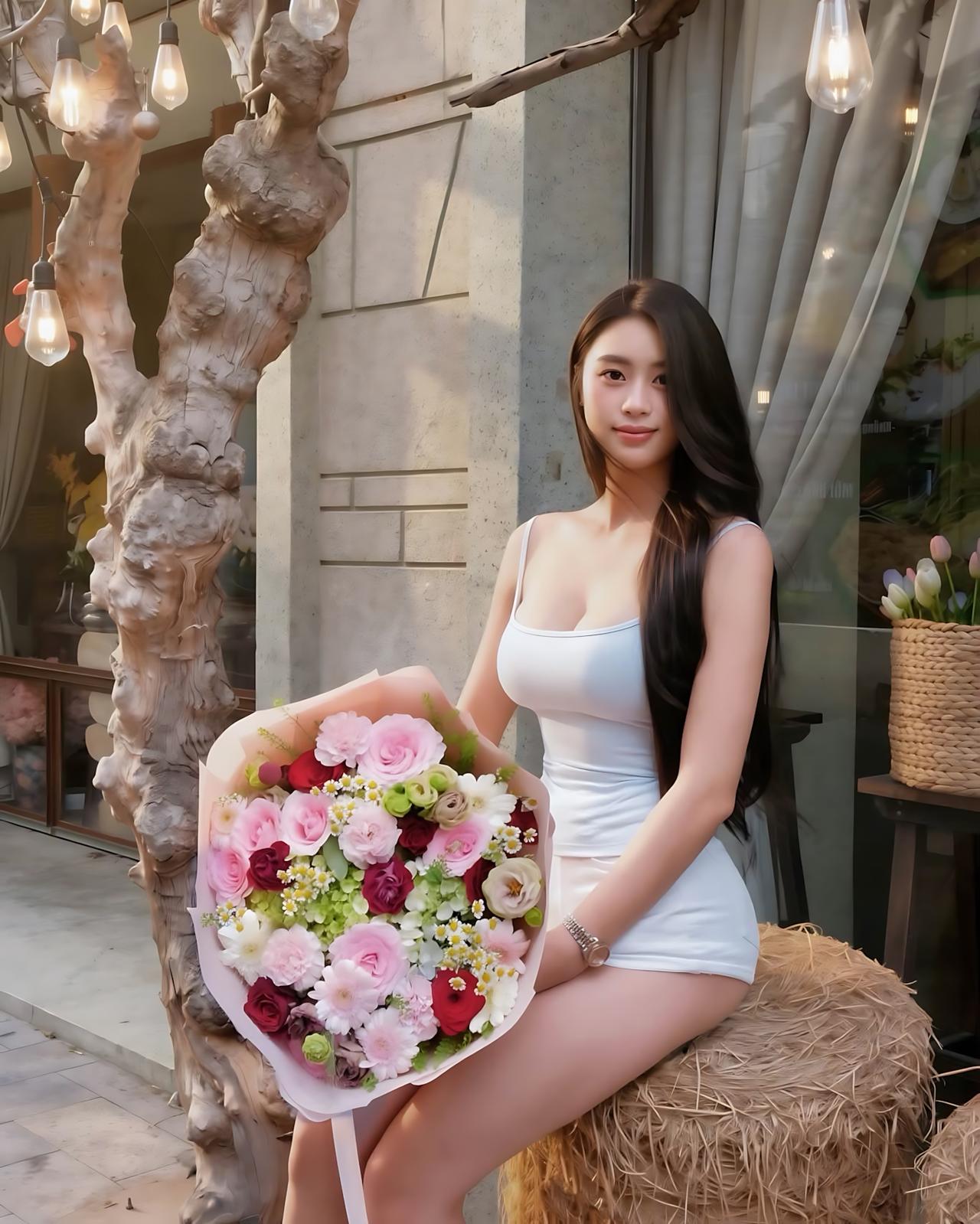 美女|甜妹氛围感 白皙长腿
长发女生坐草墩抱鲜花，肌肤白皙，腿部线条柔和好看