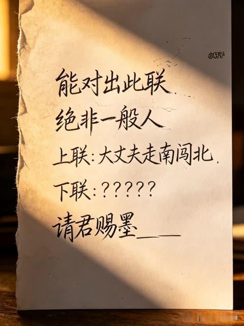 这个对联 三天三夜了

都不一定能对出这个对对子 对对子 

上联是：大丈夫走南