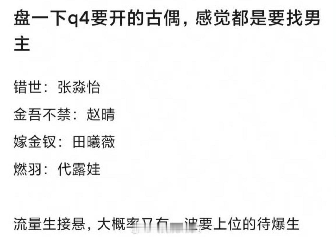 来看下第四季度开机四部定女选男待拍古偶，大家看好哪部剧？《错世》张淼怡 《金吾不