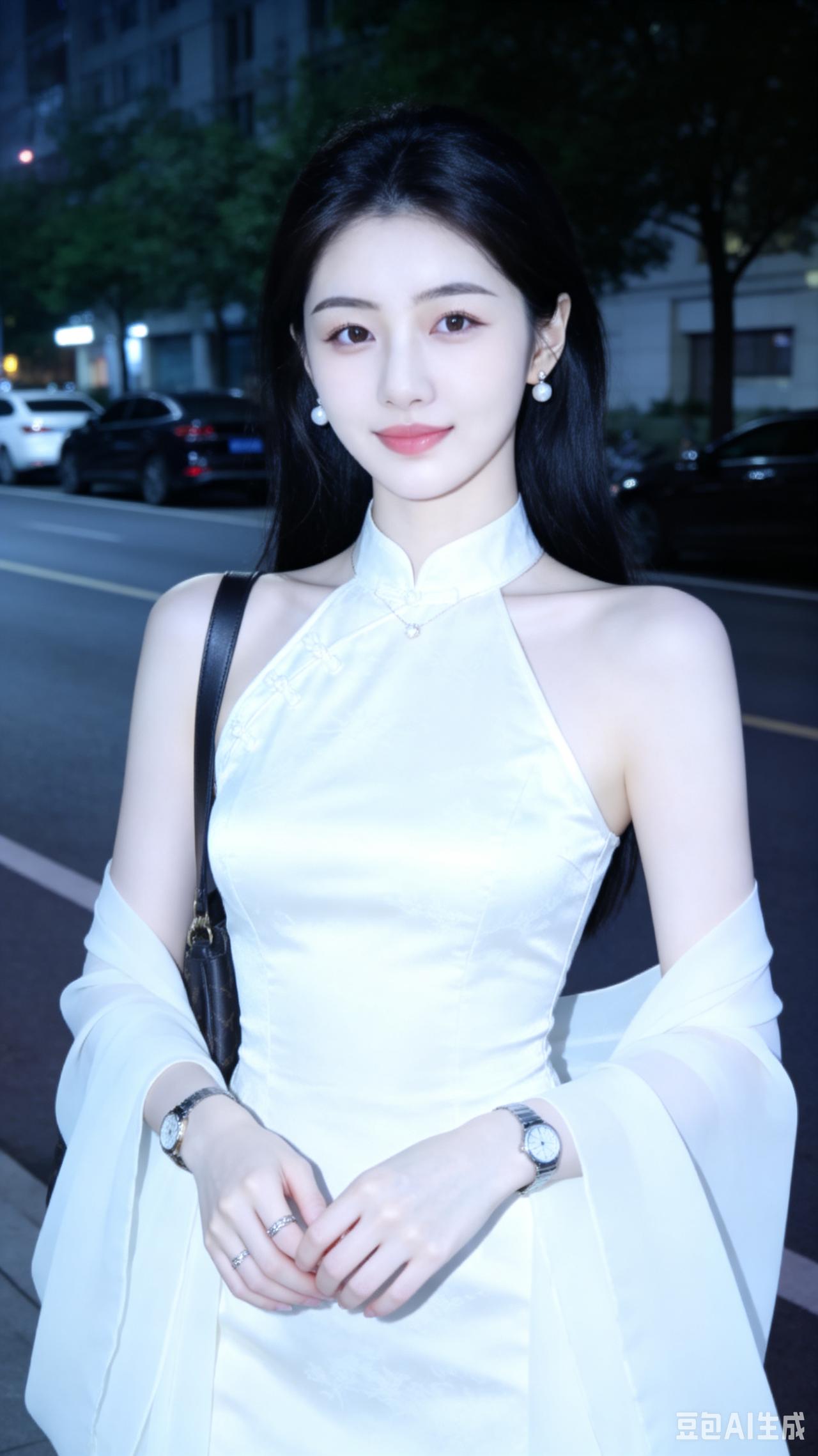 优雅白裙夜色下，都市女郎的迷人风采