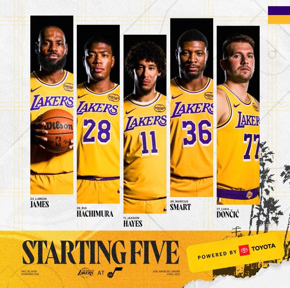 湖人首发名单：东契奇、斯玛特、詹姆斯、八村塁、海斯 爵士首发名单：乔治、贝利、米