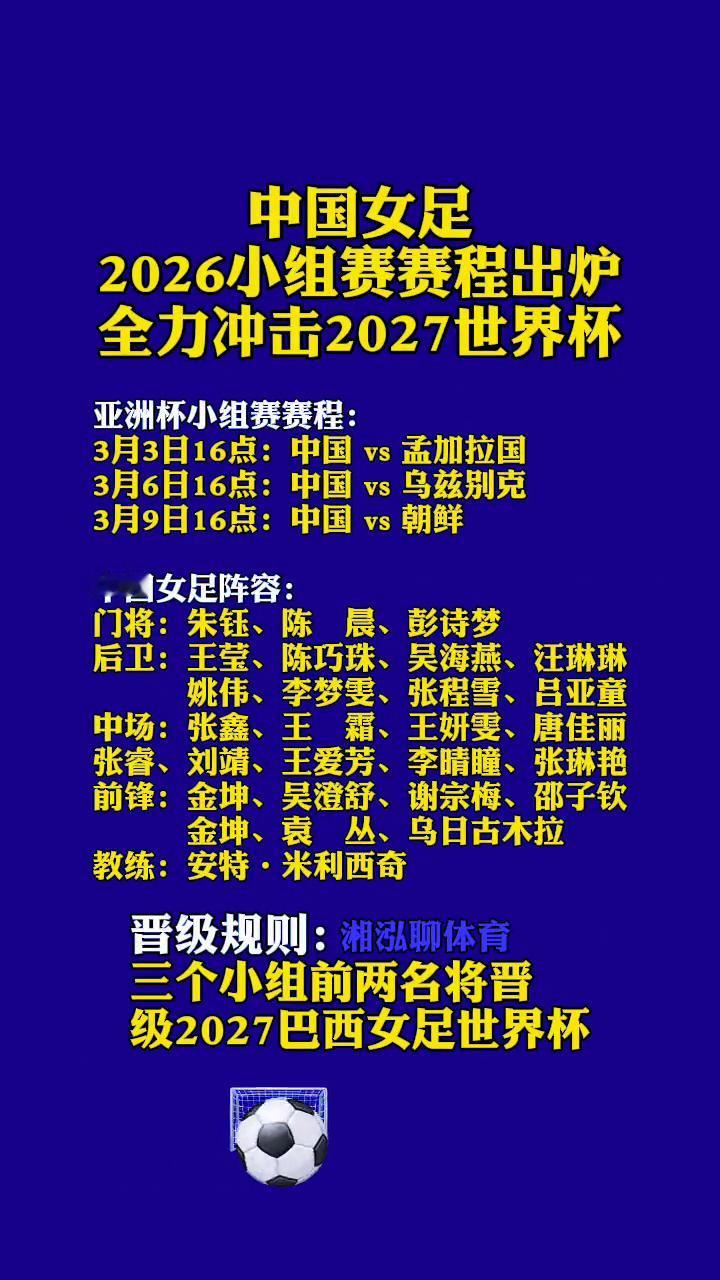 中国女足2026小组赛赛程出炉，全力冲击2027世界杯。
湘泓聊体育。
亚洲杯小