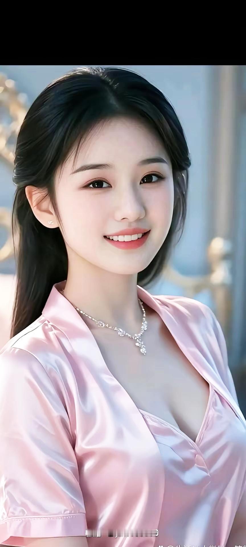 甜美少女心，粉色丝质衬衫，优雅微笑