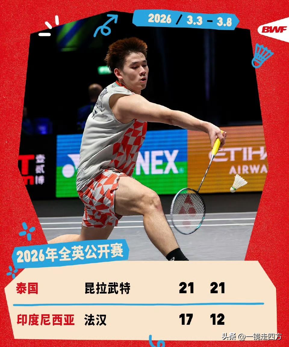 全英羽毛球公开赛今天开始各单项1/4决赛，率先开战的一场男单比赛，昆拉武特以21