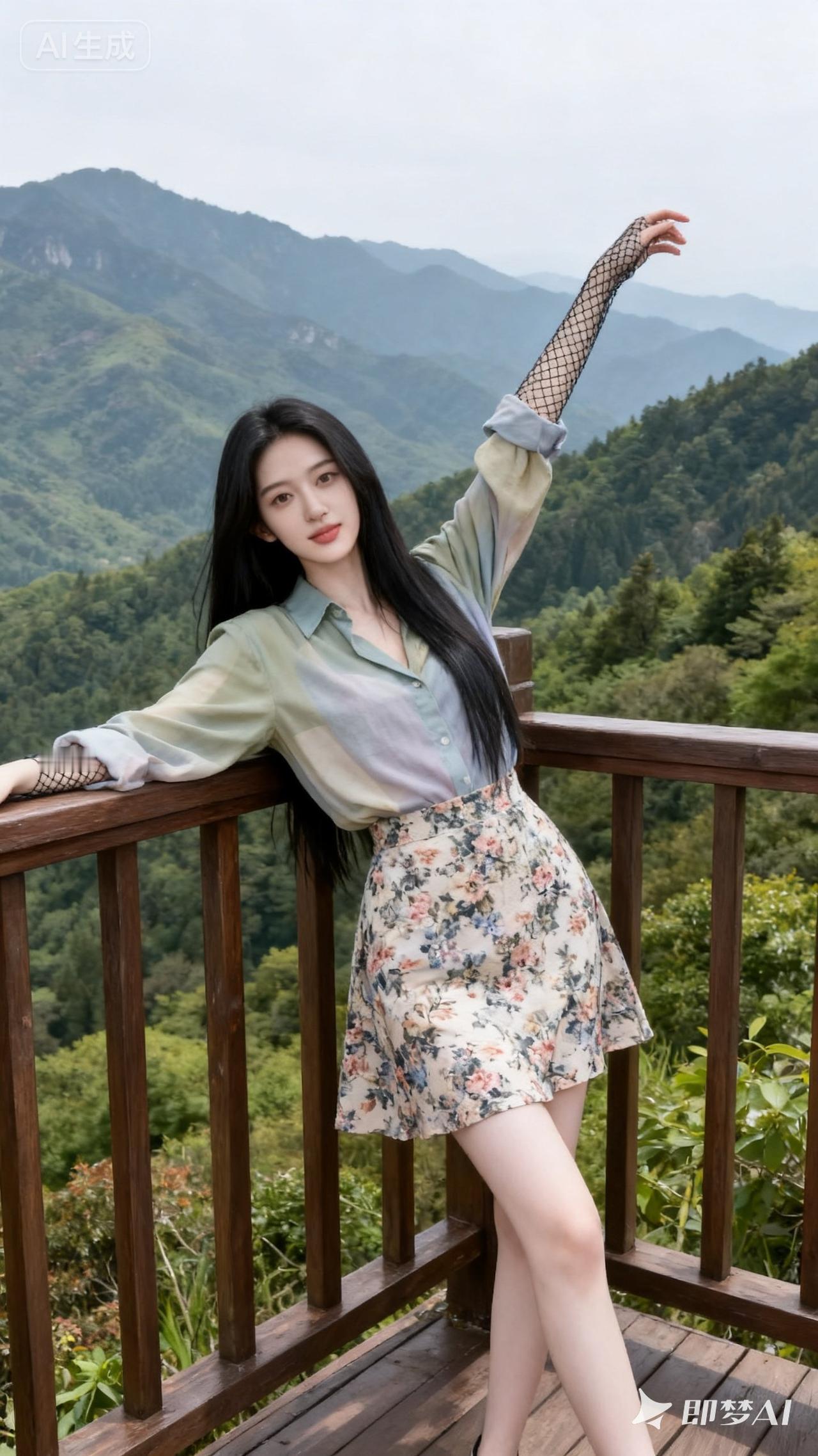 山间少女，轻纱飘逸，花裙翩翩，自然之美。